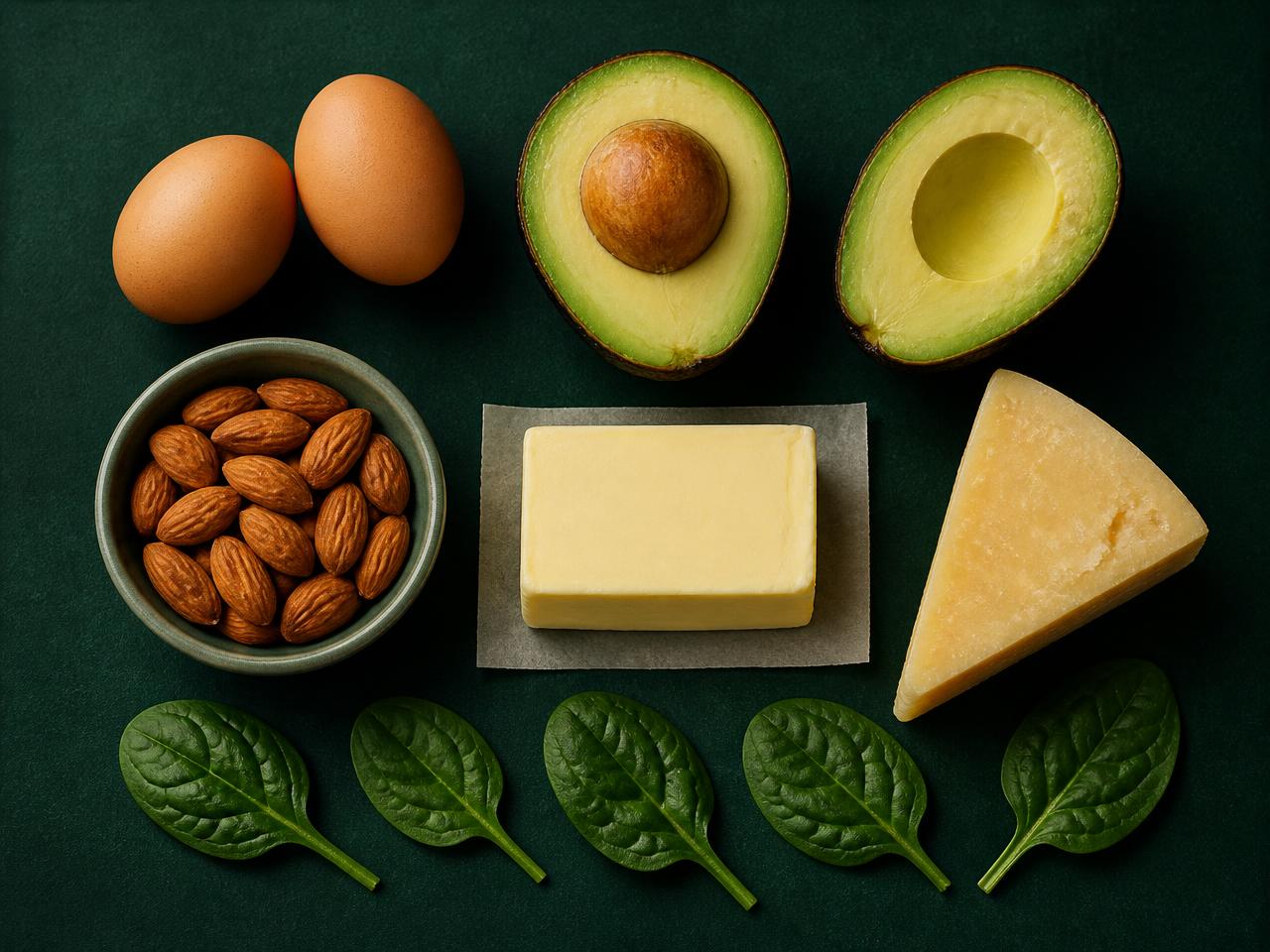 Eggs, avocado, butter, almonds, cheese and spinach laid out in a grid